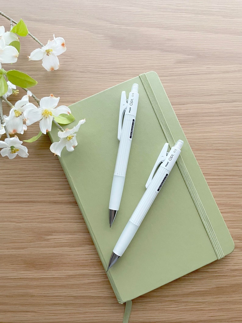 May include: A sage green notebook with a white elastic band closure and two white mechanical pencils with the text "Pilot Opt. 0.5" on the side.