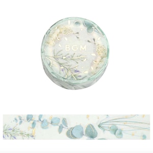 BGM Washi Tape -15 mm - Natural Green Flowers - Gold Foil - 1 pc