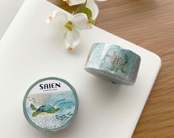 Saien Washi Tape -20 mm - Green Sea Turtle - Silver Foil - 1 pc