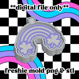 May include: A gray rainbow-shaped mold with purple accents and shamrock details. The text "digital file only" and "freshie mold png & stl" are displayed on a checkered background with colorful wavy lines.