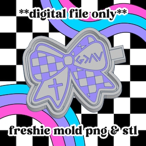 May include: A digital file of a bow-shaped mold with a cross and text. The bow has a checkered pattern in purple and gray. The background is a black and white checkerboard with rainbow stripes and text that reads "freshie mold png & stl".