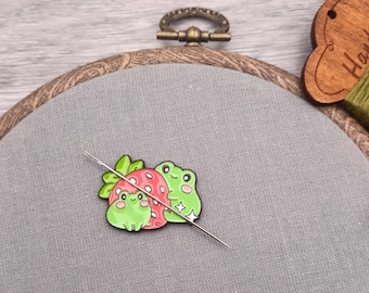 Frogs with starwberry needle minder, needle magnet for embroidery and cross stitch