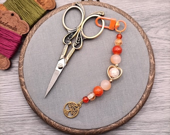 Orange scissors fob, beaded scissors keeper, scissor accessories, lobster clasp charm