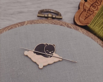 Sleeping black cat needle minder, needle magnet for embroidery and cross stitch