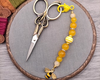 Yellow scissors fob, beaded scissors keeper, scissor accessories, lobster clasp charm