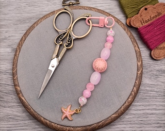Pink scissors fob, beaded scissors keeper, scissor accessories, lobster clasp charm