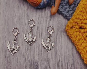 Set of 3 stitch markers, sliver Thistle stitch markers, stitch markers for crochet and knitting, lobster clasp progress keepers