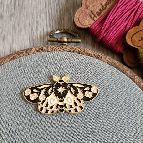 Pink moth needle minder, butterfly needle magnet for embroidery and cross stitch
