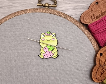 Guardaagujas de rana de fresa, imán para agujas de bordar y punto de cruz