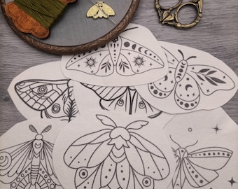 Moths stick and stitch pre printed embroidery patterns, Washaway embroidery stabilizer.
