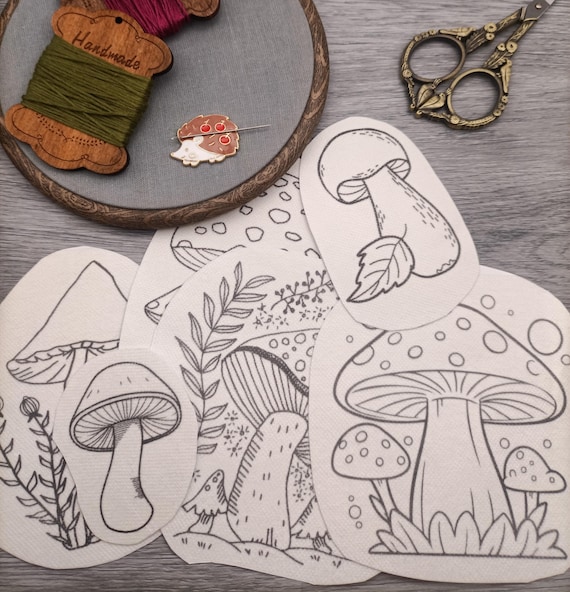 Forest mushrooms stick and stitch pre printed embroidery patterns, Washaway embroidery stabilizer.