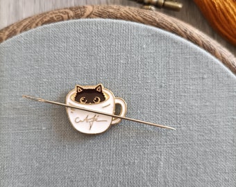 Cappuccino cat needle minder, needle magnet for embroidery and cross stitch