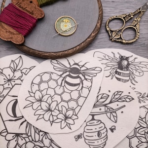 Bees stick and stitch pre printed embroidery patterns, Washaway embroidery stabilizer.