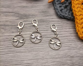 Dragonfly stitch markers, stitch markers for knitting and crochet, lobster clasp progress keepers - set of 3
