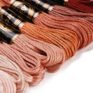 May include: Close-up of several skeins of embroidery thread in shades of brown, peach, and terracotta. The thread is neatly bundled, with the brand name visible on the black and gold labels. The threads are soft and have a slight sheen.