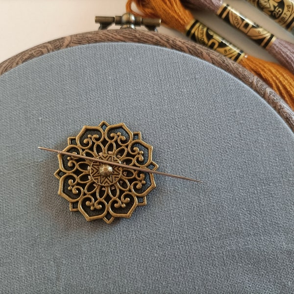 Bronze round needle minder, Needle Keeper, needle magnet, magnetic, needle work supplies