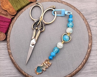 Blue scissors fob, beaded scissors keeper, scissor accessories, lobster clasp charm