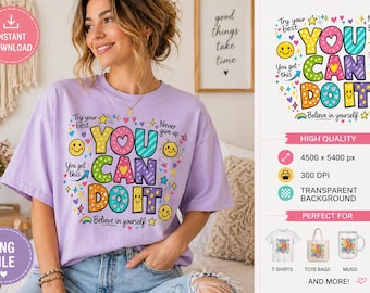 You Can Do It PNG Colorful Doodle Typography Motivational Quote Cute Affirmation Design Printable Shirt Sublimation Sticker Cricut