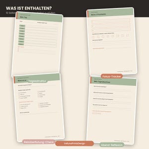 Op de afbeelding: Vier digitale plannerpagina's met een crèmekleurige achtergrond en saliegroene koppen. De pagina's bevatten Duitse tekst zoals 'Mein Tag', 'Meine 3 Prioritäten', 'Tagesstruktur' en 'Mein Tagesabschluss', met diverse lijnen, selectievakjes en gestructureerde secties voor dagelijkse planning.