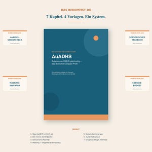 Könnte beinhalten: Ein tealfarbenes Buchcover mit dem Titel AuADHS und orangen Akzenten. Der Text umfasst 7 Kapitel. 4 Vorlagen. Ein System. sowie sieben Kapitel. Vier Bonus-Vorlagen sind abgebildet: AuADHS-SELBSTCHECK, SENSORISCHES TAGEBUCH, MASKING-INVENTAR und ENERGIE-BUDGET.