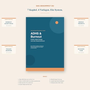 Könnte beinhalten: Ein dunkelblauer Informationsleitfaden mit dem Titel ADHS & Burnout in weißer Schrift, inklusive vier Bonus-Vorlagen: Burnout-Selbstcheck, Energie-Tagebuch, Trigger-Inventar und Recovery-Plan. Das Cover enthält den Text 7 Kapitel. 4 Vorlagen. Ein System.