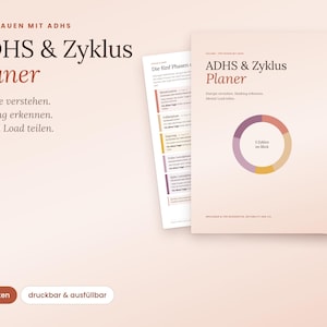 Peut inclure: Un planificateur numérique intitulé ADHS & Zyklus Planer sur un fond pêche doux. La couverture présente un graphique circulaire en couleur et du texte en allemand. Des pages montrent des mises en page, listes et onglets, avec 25 pages.