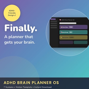 Könnte beinhalten: Eine digitale Planer-Oberfläche mit dunklem Hintergrund, mit farbcodierten Abschnitten mit der Bezeichnung "Home Base", "Brain Dump" und "Task Center". Der Text "Endlich. Ein Planer, der Ihr Gehirn aktiviert" wird angezeigt. Das Design ist mit "ADHS-freundliches Design" gekennzeichnet.