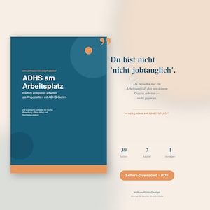 Op de afbeelding: Een digitale gids getiteld ADHS am Arbeitsplatz met een donkerblauwe omslag, oranje accenten en tekst in het Duits. Het bevat 39 pagina's, 7 hoofdstukken en 4 sjablonen, met een citaat over werkomgevingen voor neurodivergente personen.