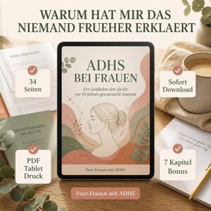 Op de afbeelding: Een digitale tablet met een gids getiteld ADHS BEI FRAUEN en een illustratie in profiel. Het scherm bevat tekst, waaronder Der Leitfaden den du dir vor 10 Jahren gewuenscht haettest en Fuer Frauen mit ADHS.