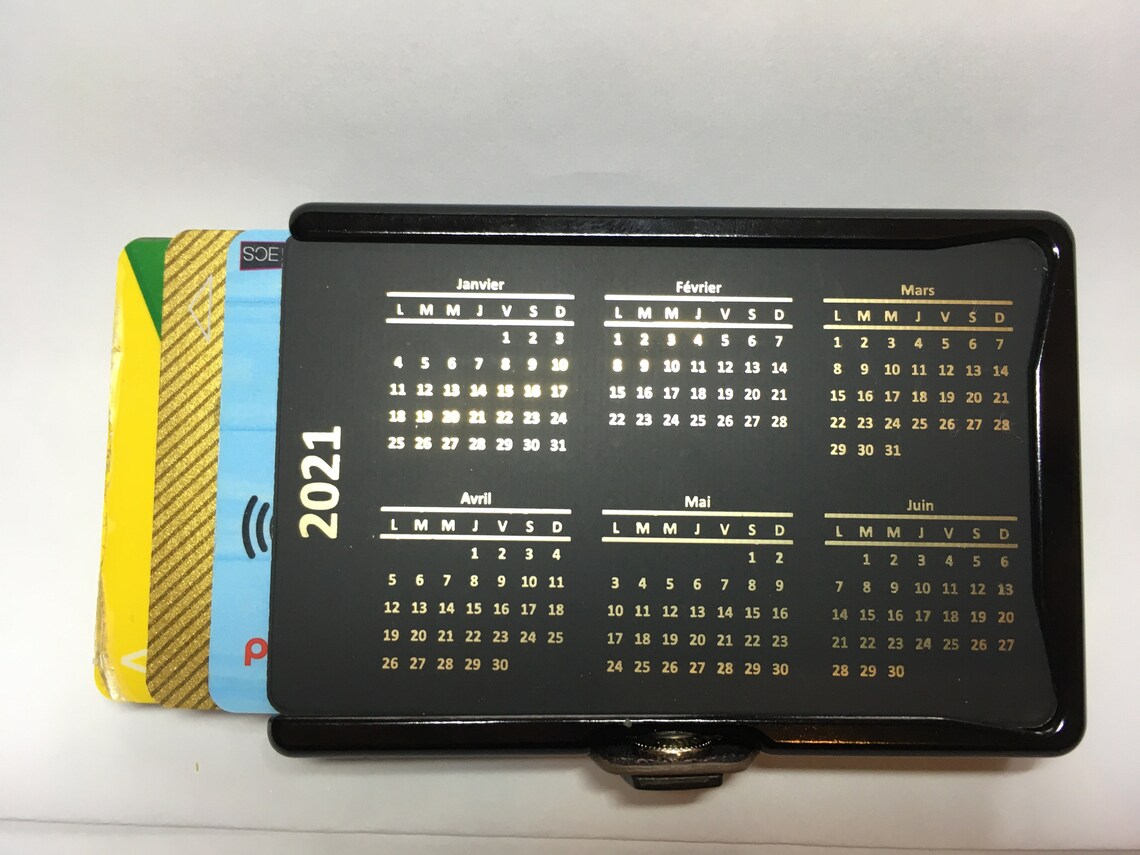 Calendar 2021 pcB matte black gold-plated credit card format | Etsy
