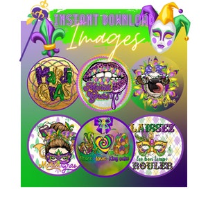 May include: Eight colorful Mardi Gras themed round stickers with purple, green, and gold colors. The stickers feature a variety of designs including a cow, a mask, a heart, a lips, and the words "Mardi Gras".