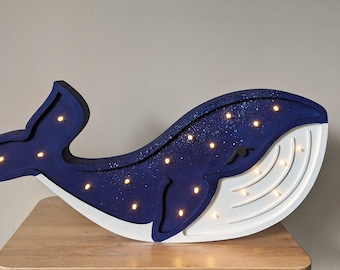 Houten blauwe vinvislamp, nachtlampje blauwgroen, kinderlampe wal, kinderkamerdecoratie, verjaardagscadeau, babykamer, nachtlicht vriendelijker, oceaan, zee