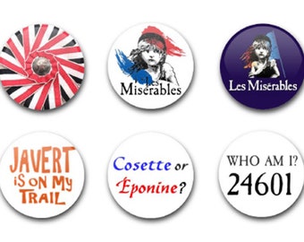 25mm 1"  Button Badges x6 Les Miserables