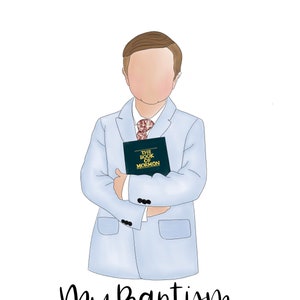 May include: A boy in a light blue suit holds a book titled "The Book of Mormon" in his hands. The text "My Baptism March 13th, 2021" is written below the boy.