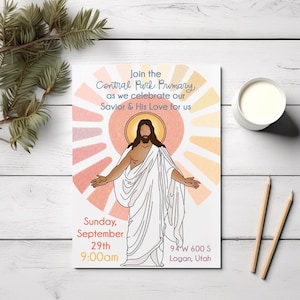 Könnte beinhalten: Eine gedruckte Einladung mit einer Illustration von Jesus Christus, umgeben von einem Sonnenstrahl-Design. Der Text lautet: "Schließen Sie sich der Central Park Primary an, während wir unseren Erlöser und seine Liebe für uns feiern." Datum, Uhrzeit und Ort sind ebenfalls angegeben.