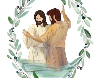 Aquarelle sur le baptême : Jésus et Jean (téléchargement numérique)