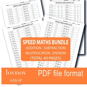 Może przedstawiać: Zestaw arkuszy szybkiej matematyki do dodawania, odejmowania, mnożenia i dzielenia. Arkusze są w formacie PDF i zawierają łącznie 40 stron. Zostały zaprojektowane do ćwiczenia umiejętności matematycznych.