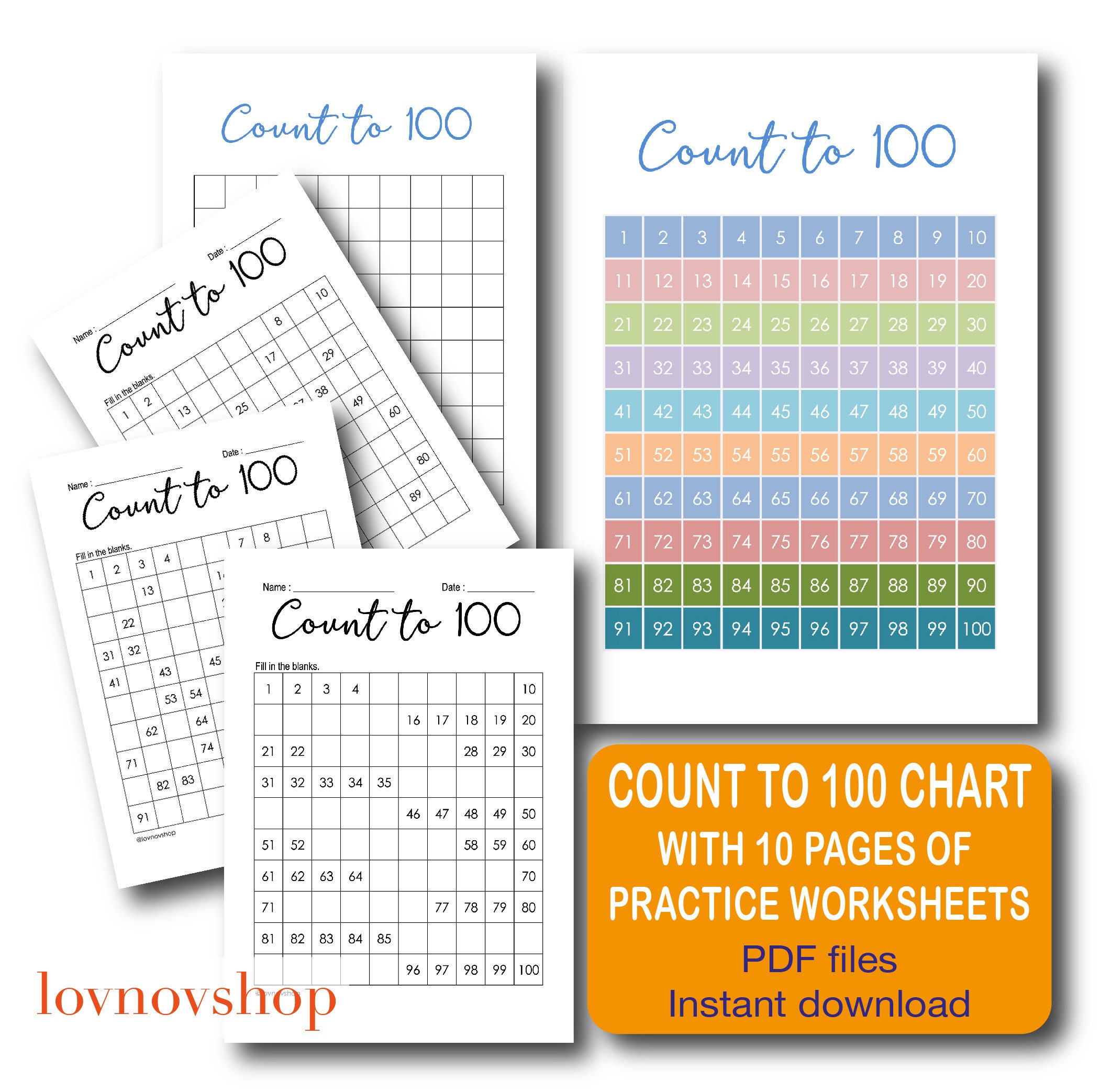 Count to 100 Chart Hundreds Chart Maths Worksheets Numbers 1 - Etsy