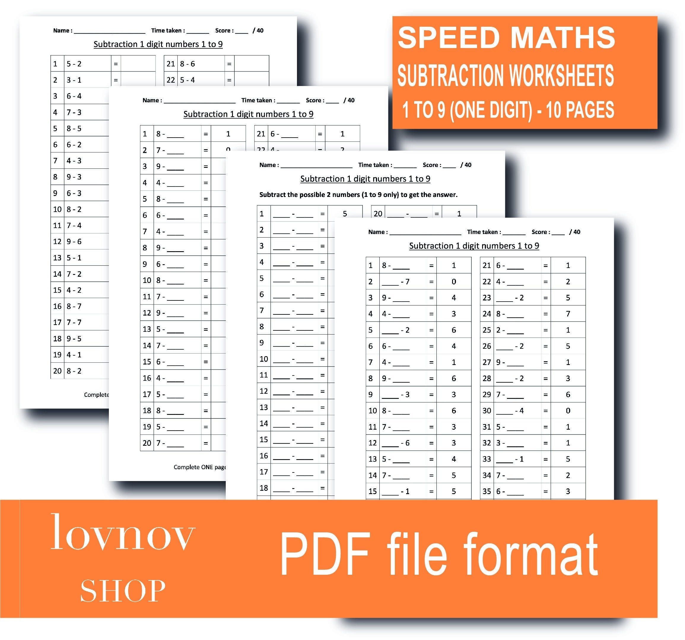 Speed Maths Challenge Home Schooling Practice Sheets ONE Digit ...