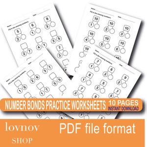 Number bonds practice worksheets home schooling practice sheets Maths worksheets Preschool Kindergarten Elementary Digital download