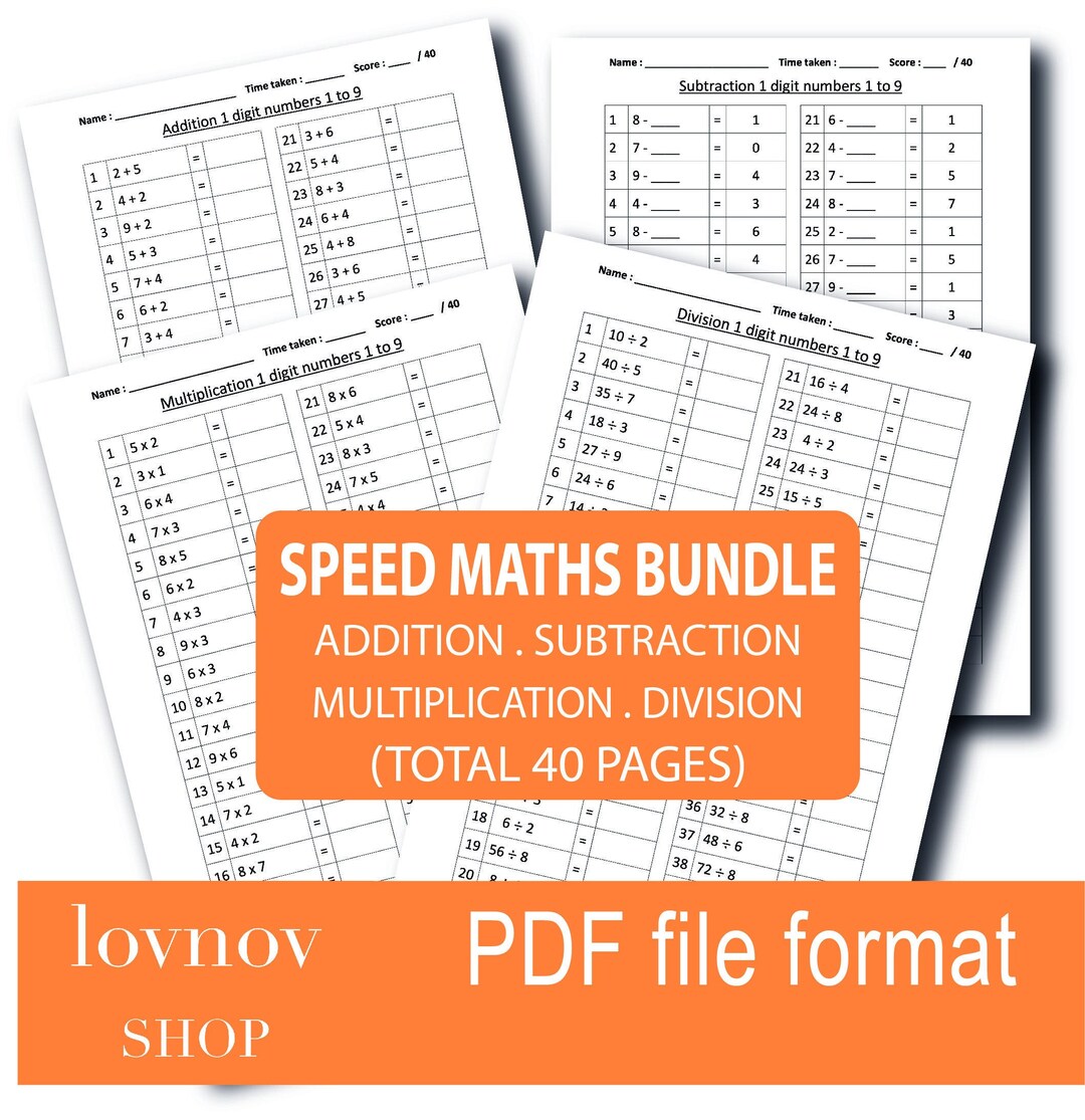 Speed Math Homework 40 Pages of Speed Maths Bundle Home Schooling Practice Sheets ONE Digit ...