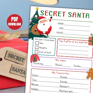 Kinder-Geheimer Nikolaus-Fragebogen für Geschenketausch Weihnachtsfeier. Kids Secret Santa Liste Weihnachtsgeschenkbörse. Geheime Weihnachts-Wunschliste
