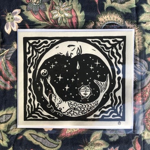 Mermaid and the Moon - Lino print linocut