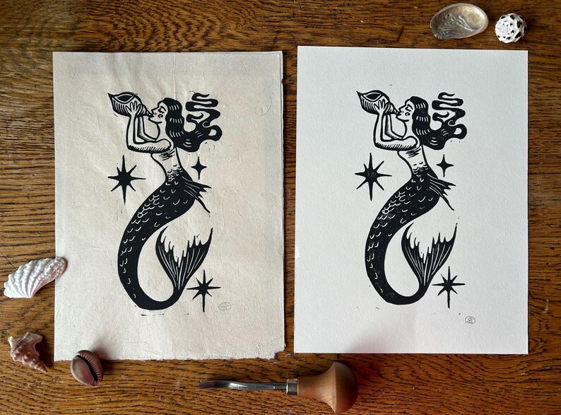 Linocut Conch Shell Linocut Mermaid | Linoprint Sirena Mermaid Ocean Mythical Sea Handmade ...