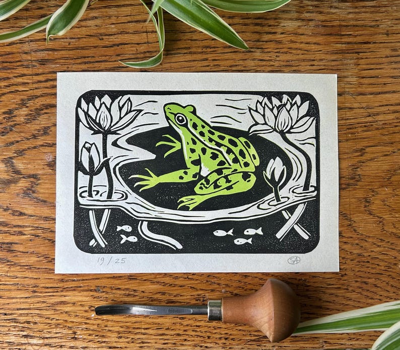 Frog Linoprint - Limited Edition Reduction Print A6 - Lino Cut Toad on ...