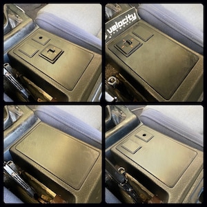 May include: Four close-up images of a black car interior with a custom carbon fiber center console. The console has a textured surface and includes a small rectangular cutout and two small rectangular buttons.