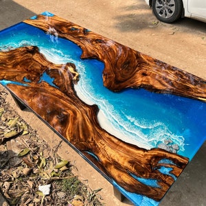 Handmade Dark Wooden Epoxy Resin Table, Custom Blue Ocean Epoxy Resin Table, Custom Dining Table, Live Edge Resin Table, Dining Room Table