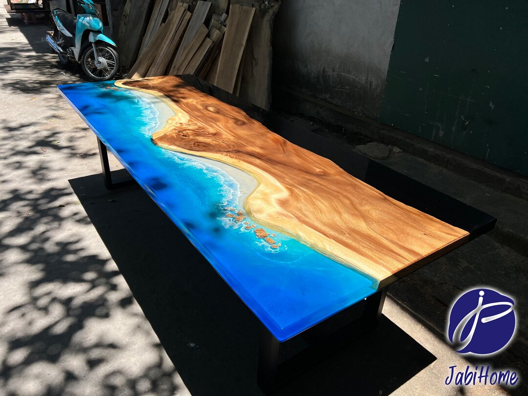 Custom Long Live Edge Ocean Resin Table, Handmade Blue Ocean Epoxy ...