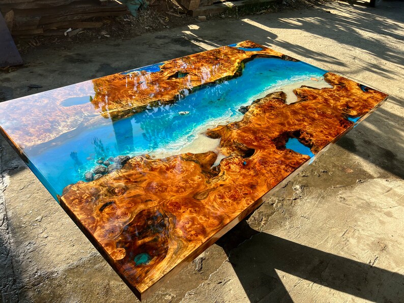 Custom Mappa Wood Live Edge Ocean Epoxy Table, Sea Style Epoxy Resin