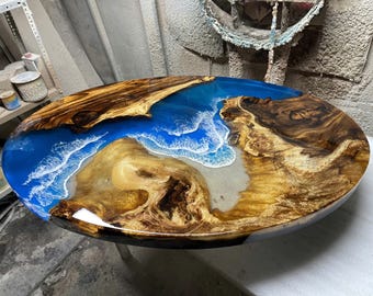 Custom Epoxy Resin Round Table, Live Edge Wood, River Design
